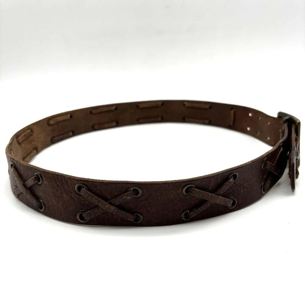 Vintage Y2K American Eagle Brown Leather X-laced Double Prong Belt M 32-36